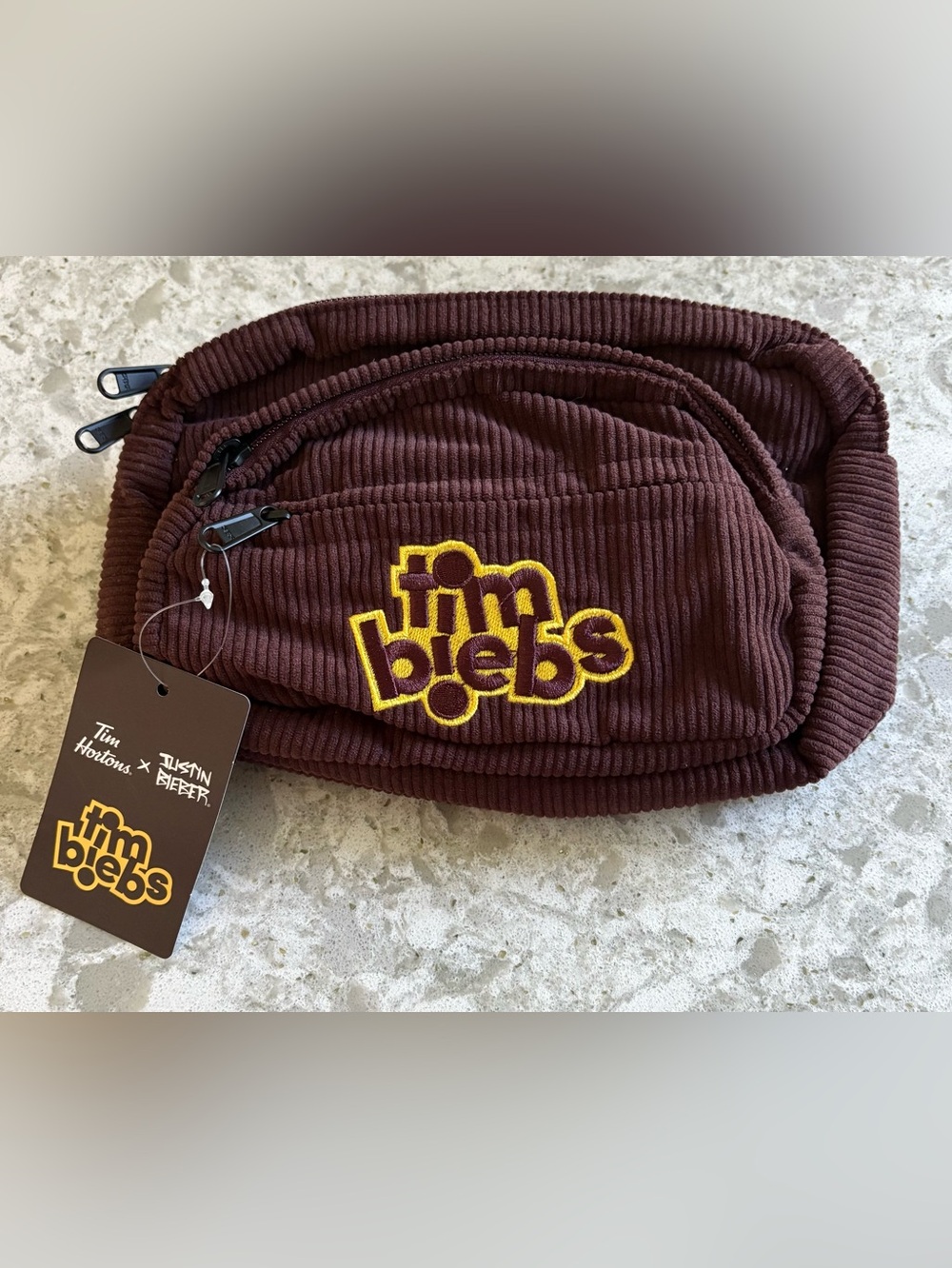 Justin Bieber Brown Corduroy Tim Biebs Logo Waist Bag with Yellow Accent NWT